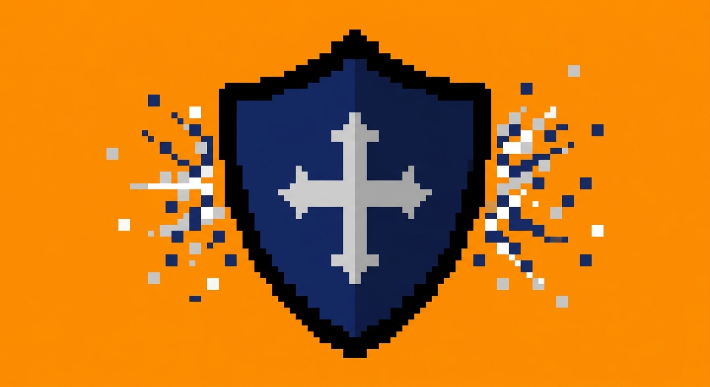 A minimalist 8-bit retro video game icon of a sharp, geometric medieval knight shield. The shield is solid deep navy blue with a bright silver cross emblem in the center and a bold black outline. Small square blue and silver pixel shards and geometric spark fragments explode outward from the curved side edges. Flat solid bright orange background, clean color blocking, high contrast.