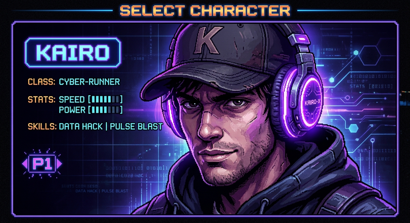 A close-up portrait of a character with a baseball cap and glowing violet cyberpunk headphones. Moody purple and blue backlight, low-angle perspective looking slightly up, fine dithered shading on the face, matrix-style cybernetic grid lines subtly visible in the background. 32-bit arcade game character selection screen art style, high contrast