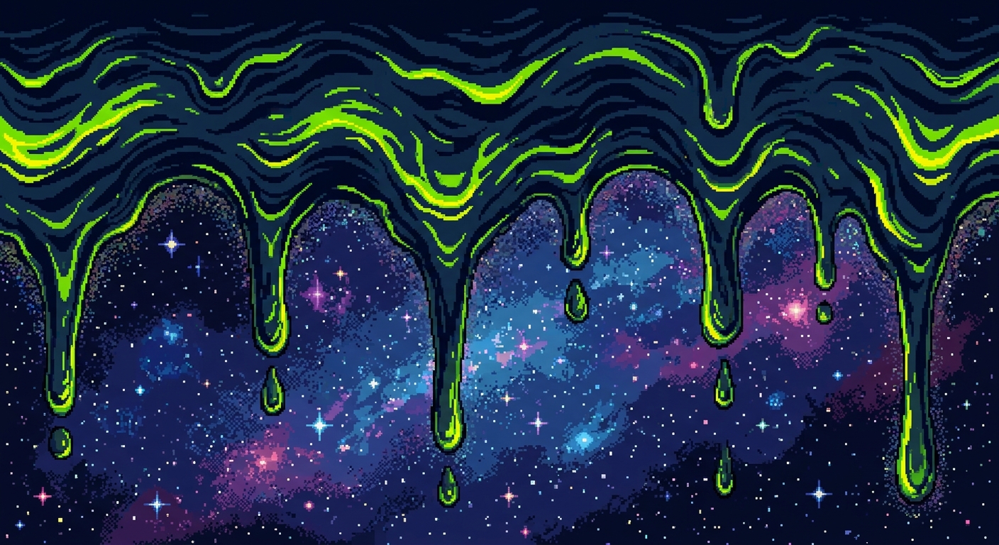 Heavy, thick sludge dripping down from the top of the canvas, revealing a starry nebula behind it. The dripping ooze is textured with dark navy blue, toxic neon lime green, and radioactive yellow ripples. 32-bit pixel art, fine pixel clusters, dripping stalactite formations, subtle cosmic stardust textures blended into the liquid edges.