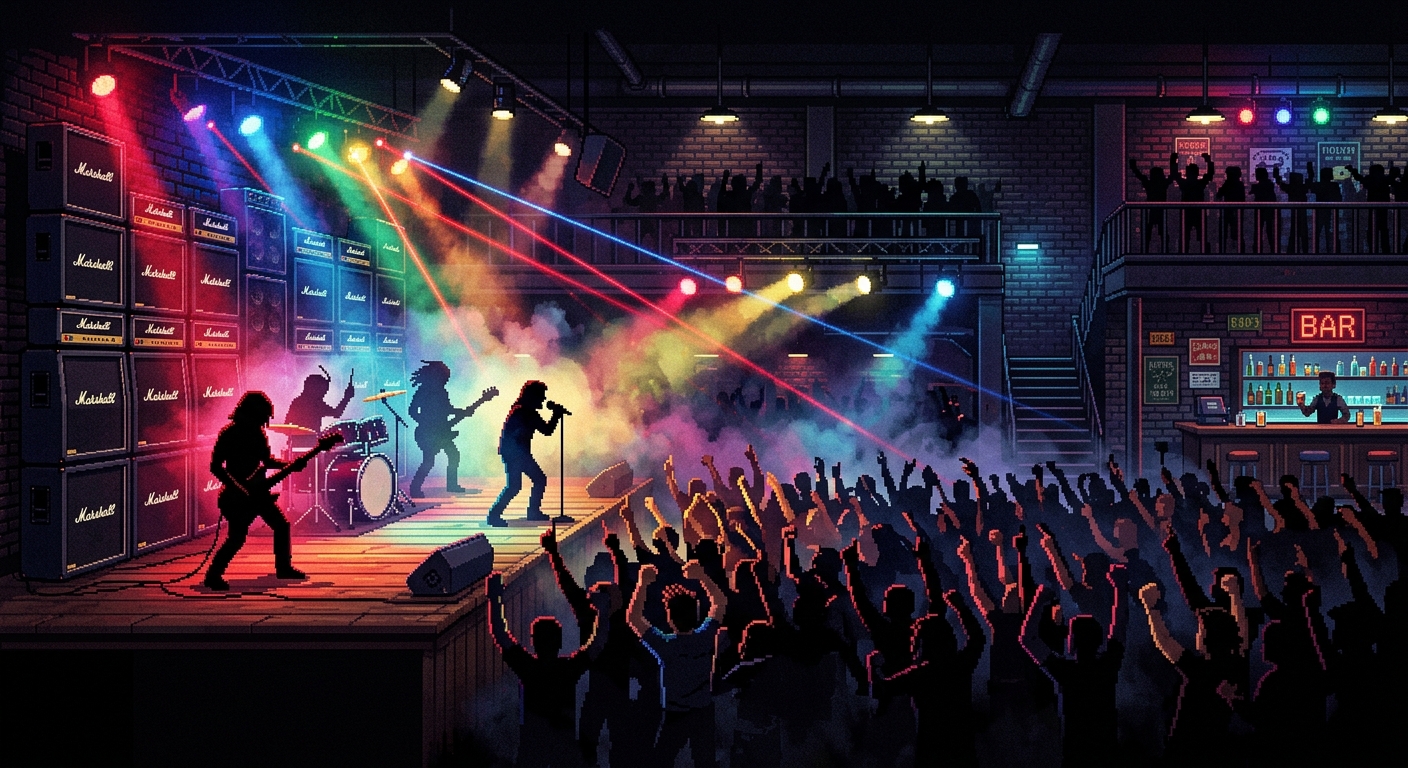 A pixel art cross-section of a retro arcade-style live music venue. Heavy silhouettes of a rock band playing on stage, a wall of Marshall guitar amplifiers stacked high, blinding colorful stage lights beaming through a hazy cloud of stage smoke, and pixelated hands raised in the crowd. 8-bit sidescroller style, high contrast silhouette lighting, vibrant laser beams cutting through the dark.