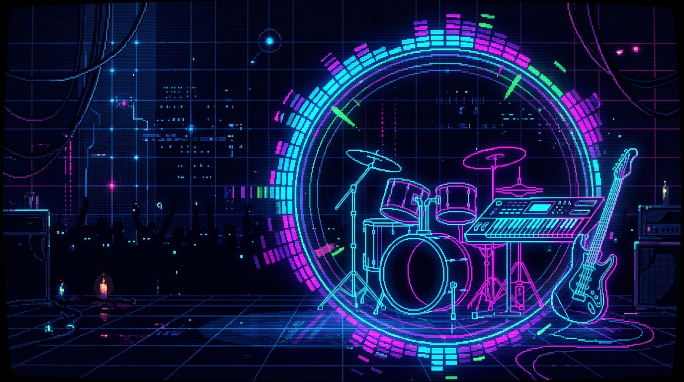 A minimalist 16-bit pixel art composition of a futuristic techno soundscape. The abstract wireframe silhouettes of a drum kit, synthesizer, and guitar are glowing in sharp neon blue and magenta lasers. Instead of physical objects, the instruments are clean, holographic vector lines intersecting with a massive glowing circular equalizer. Dark cyber-grid background, subtle pixel noise, sharp cybernetic lines, high-contrast, deep techno club atmosphere, sophisticated electronic style.