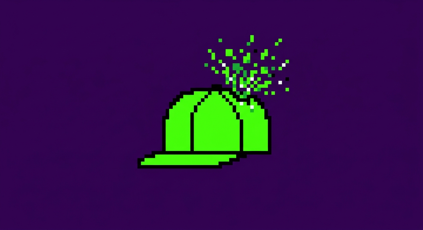 A minimalist 8-bit retro video game icon of a stylized streetwear baseball cap. The hat is solid vibrant neon green with a bold black outline and a flat black visor bill. Tiny square green pixel shards and geometric thread fragments explode out from the top button crease. Flat solid deep purple background, sharp vector-style pixel art.