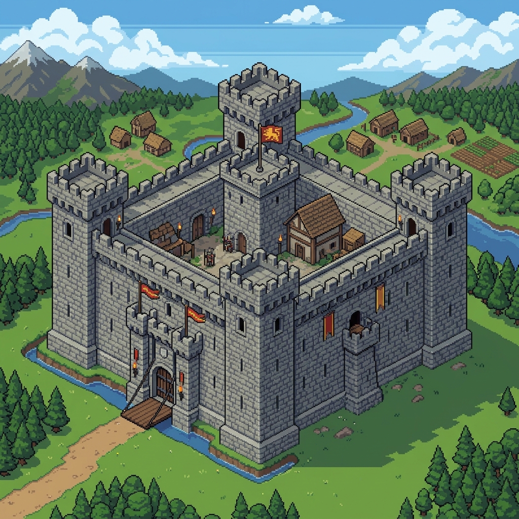 Large square castle with square turrets pixel art