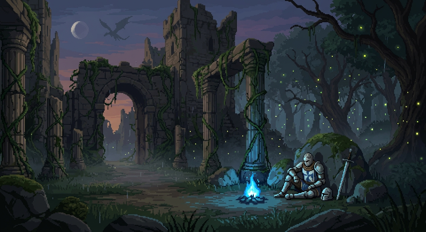 Overgrown castle ruins at dusk, ancient stone pillars wrapped in vines, a lone knight in silver armor resting by a glowing blue campfire. Fireflies illuminate the dark background woods, and a faint silhouette of a dragon flies past a crescent moon. 64-bit sidescroller game style, cinematic lighting, parallax depth, misty atmosphere.
