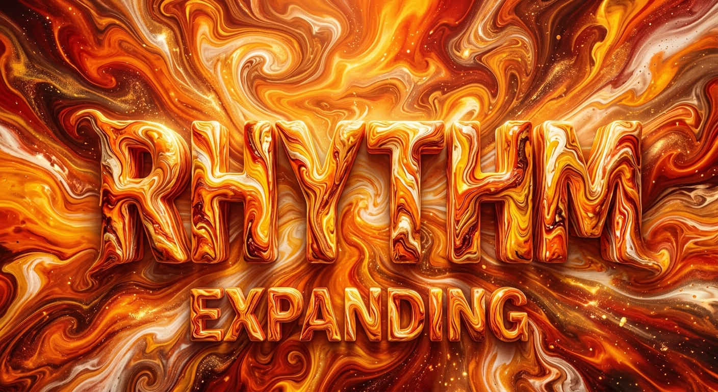 Orange, yelllow and red marbling making up the word Rhythm Expanding, massive.