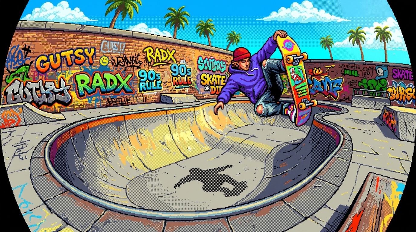 A high-angle fisheye lens shot of a sun-drenched concrete skatepark bowl. A skater caught mid-air doing a trick, casting a sharp shadow below. The background features a brick wall covered in layered, colorful graffiti tags, with distant palm trees under a bright blue sky. 16-bit Sega Genesis style, vibrant high-saturation color palette, dithered shading on the concrete textures, 90s skater magazine aesthetic.
