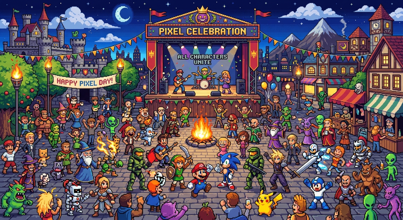 Pixel art celebration of all the pixel art characters.