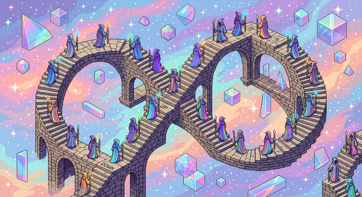 A vibrant, infinite loop of stone stairs winding upwards and downwards simultaneously, defying gravity. Cloaked wizards in robes of shifting colors walk up and down the steps in a continuous loop. The background is a pastel-colored starry nebula with floating geometric prisms. 32-bit pixel art, impossible architecture style, vibrant neon color palette, clean pixel clusters, Escher-inspired layout.