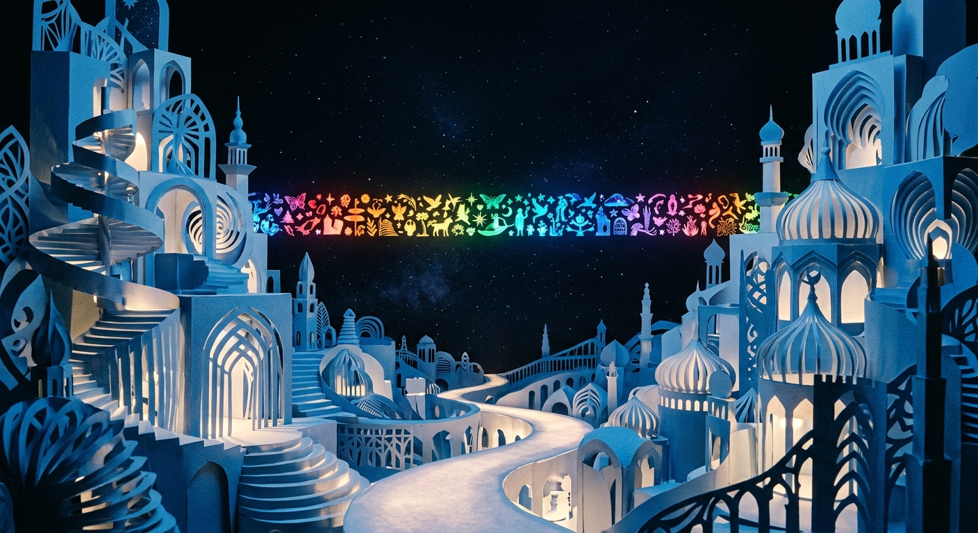 Paper like cut out structures in blue and white light with endless backdrop with single band of rainbow like images and cutouts