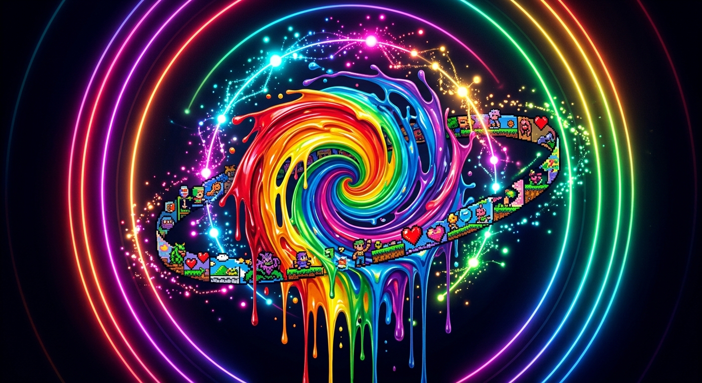 Rainbow style multi-coloured spiral of melting, dripping paint that flows and interconnects with multi-coloured neon particle nodes with a continuous ribbon of pixel art and 32 bit sega genesis style pixels. With rainbow coloured concentric circles that pulse with neon light against a high contrast dark background.