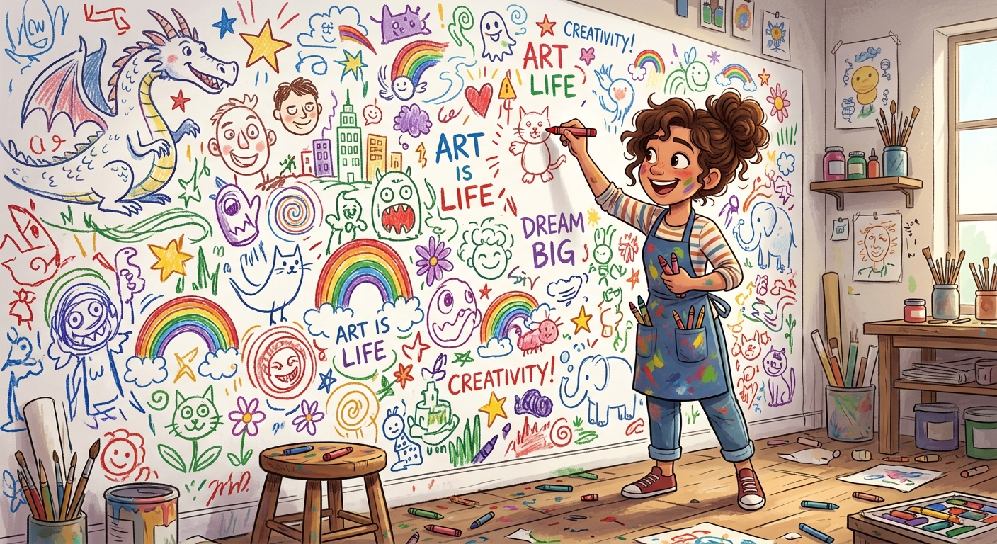 An animation style image of a cartoon artist drawing on a white wall with lots of doodles and images in multi-coloured crayons