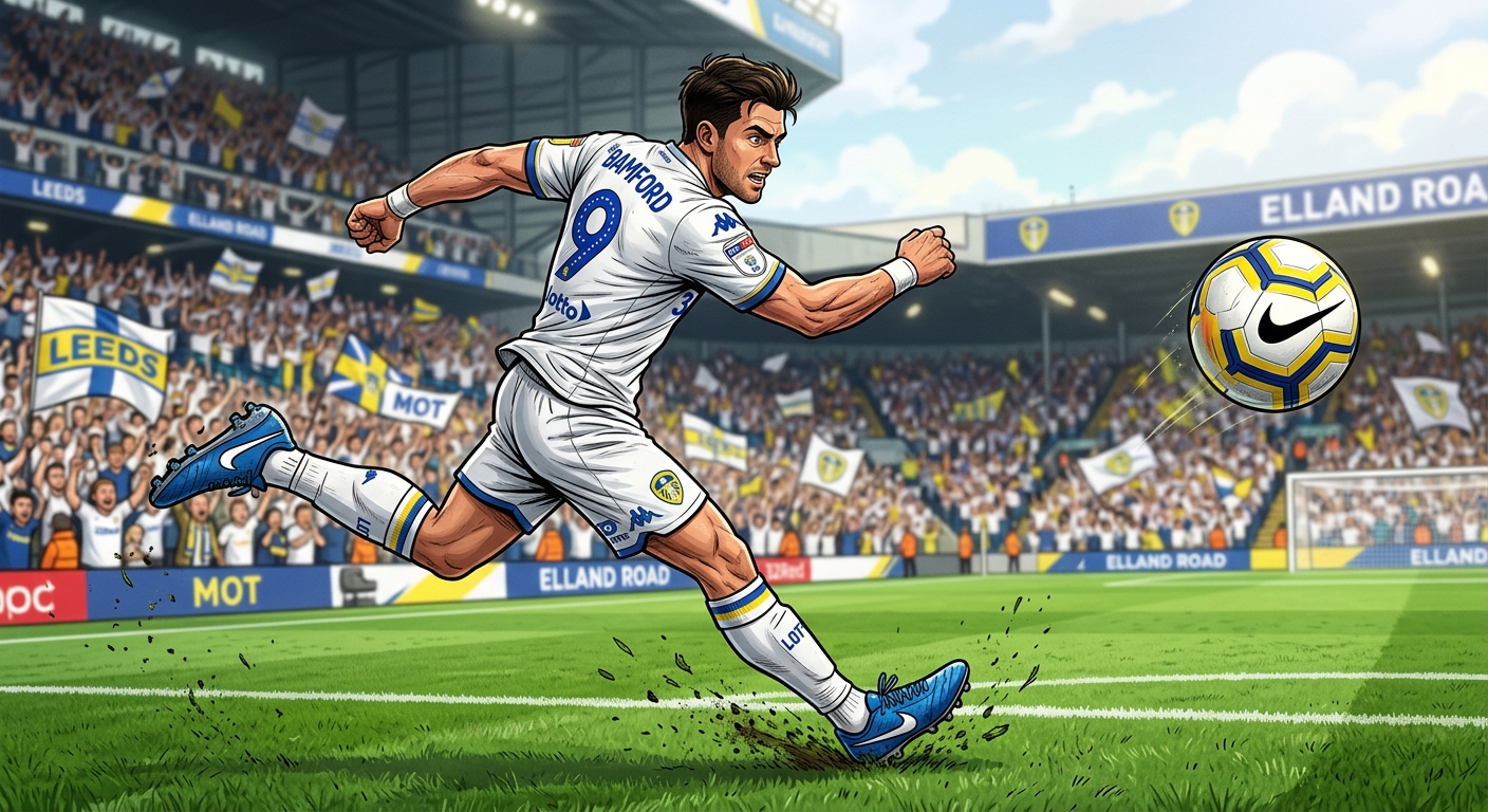 Detailed cartoon footballer wearing a Leeds United kit with left leg extended after striking a nike football on green turf.