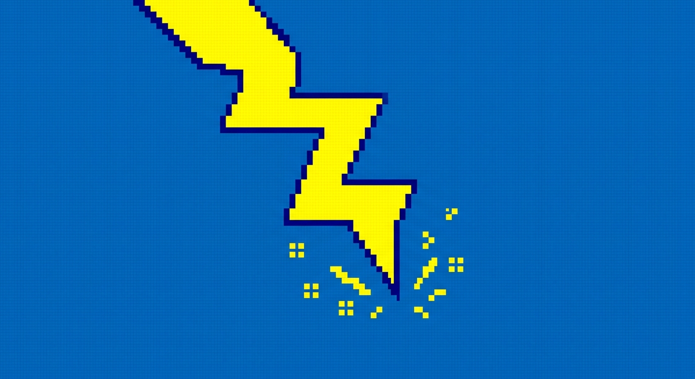 A simple 8-bit retro video game graphic of a yellow lightning bolt hitting a flat blue background. Minimalist style, solid colors, sharp outlines.