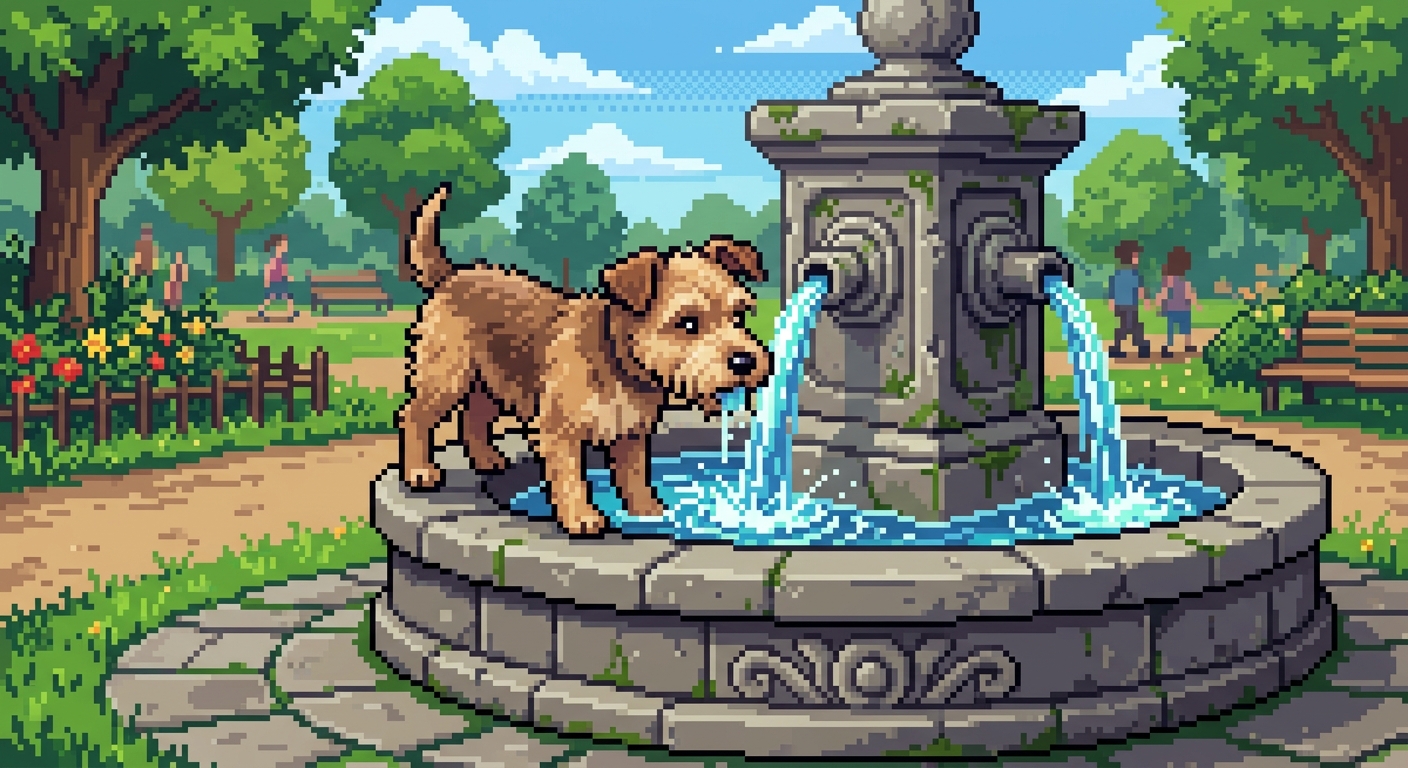 Dog drinking out of a fountain pixel art
