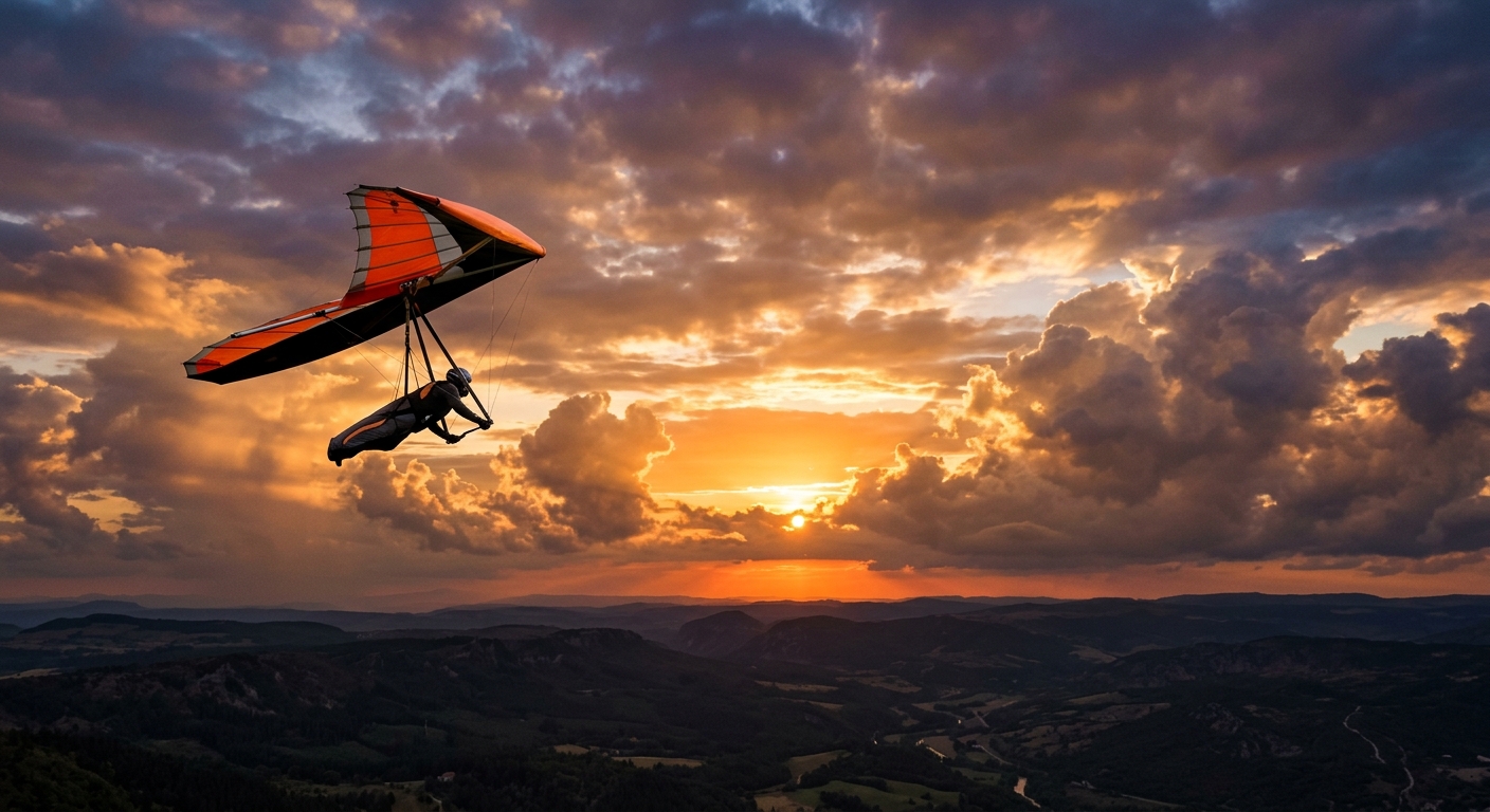 A hang-glider flys towards the left handside in front of the sun thats setting in the midst of clouds on both sides.