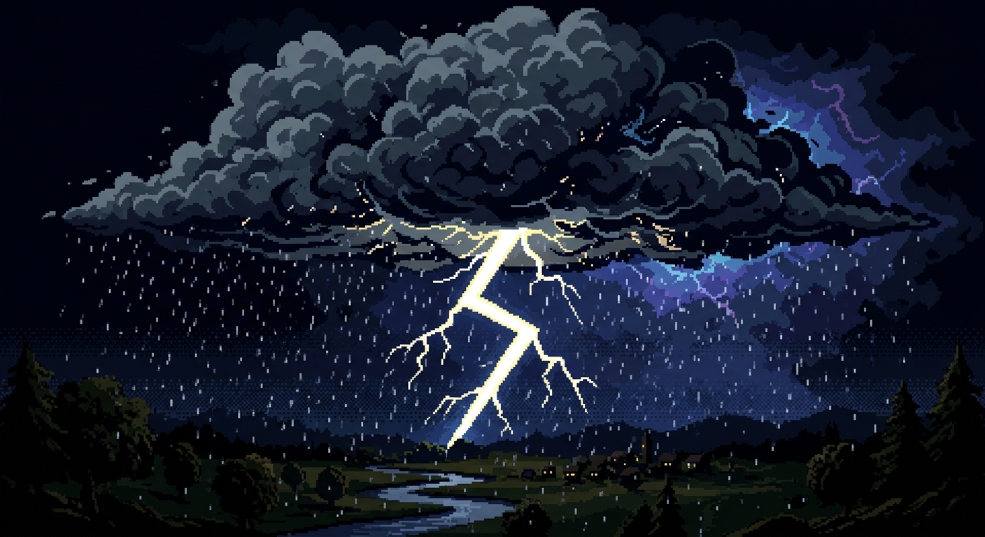 Raincloud and lightning storm with lightning bolt pixel art