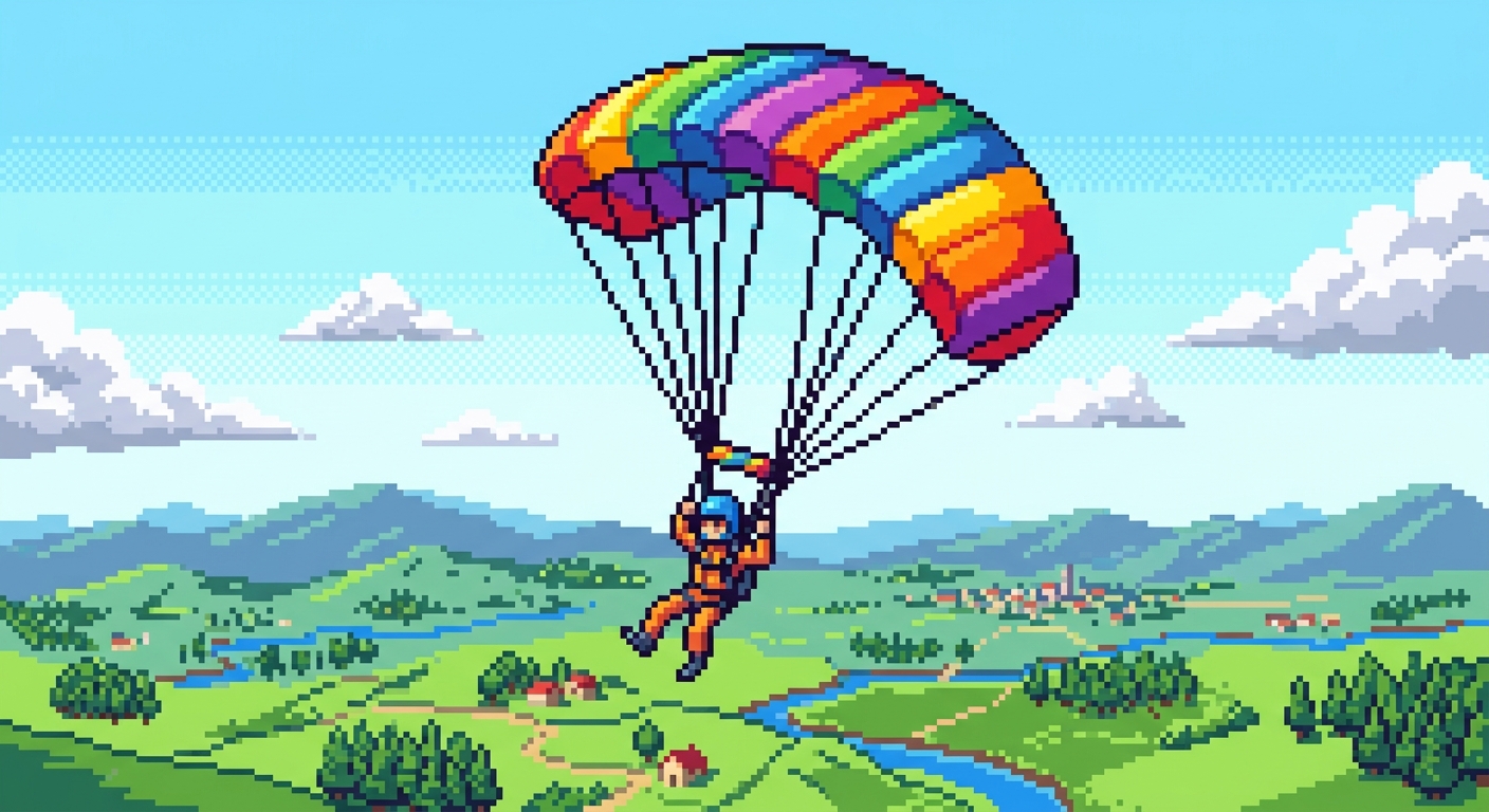a parachutist with a multi-coloured parachute pixel art