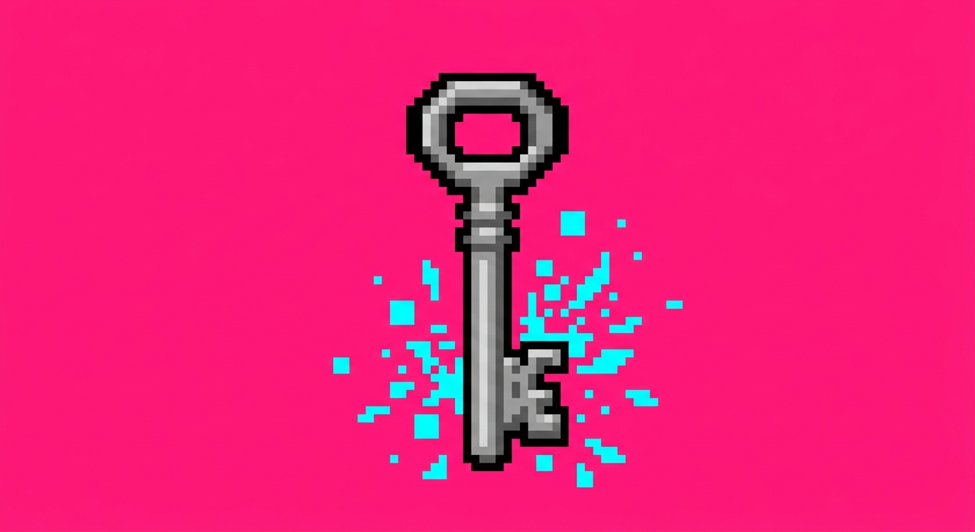 A minimalist 8-bit retro video game icon of a sharp, geometric skeleton key item. The key is solid metallic silver-gray with a thick black outline. Small square cyan pixel sparks and geometric energy shards explode outward from the key's teeth. Flat solid hot pink background, clean graphic layout, bold contrast.