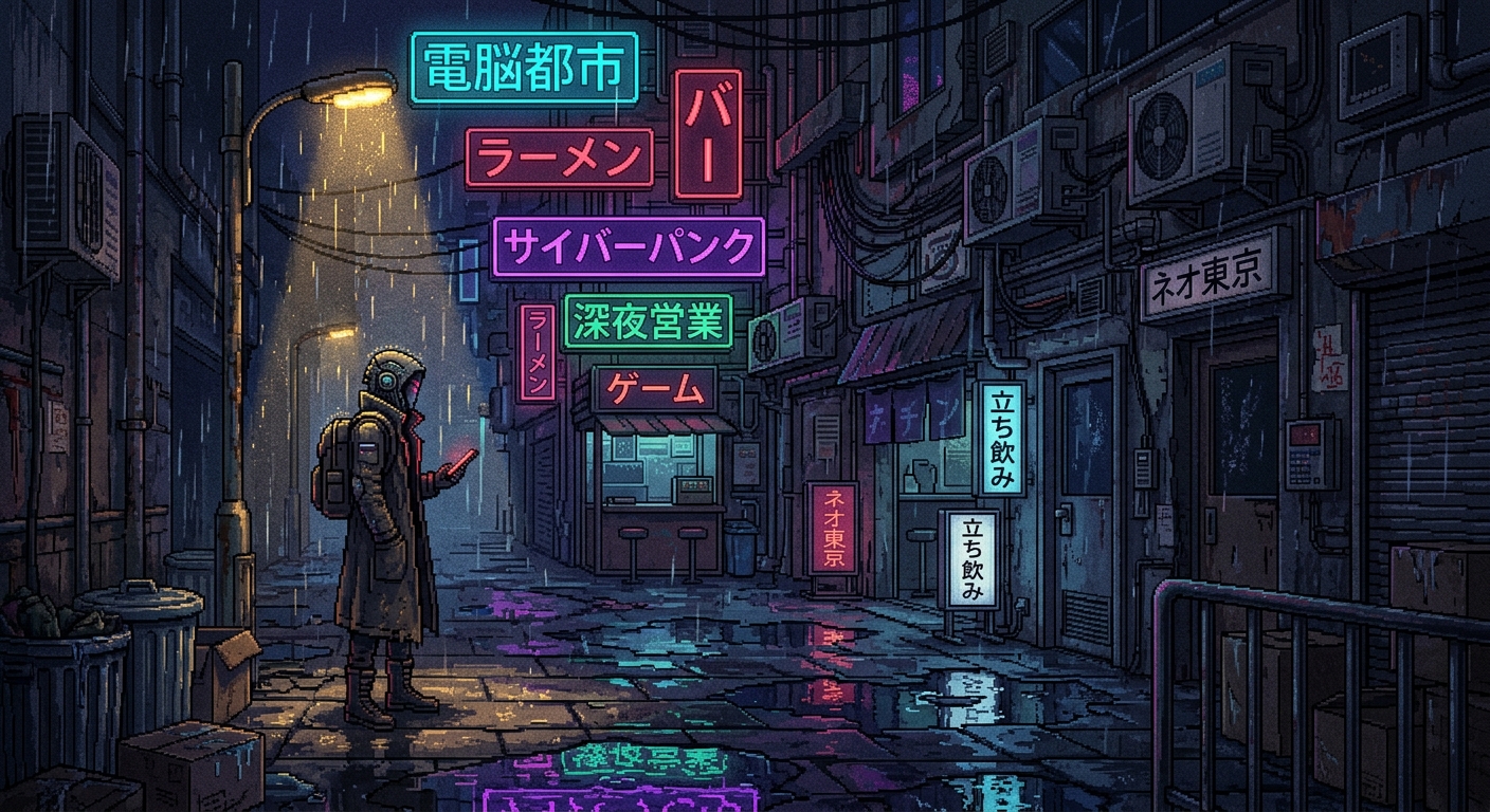 A rainy cyberpunk alleyway at night, glowing neon signs in kanji, a lone figure in a trench coat standing under a flickering streetlamp, puddles reflecting purple and cyan lights. 32-bit pixel art, side view, highly detailed, atmospheric lighting, retro futuristic aesthetic.