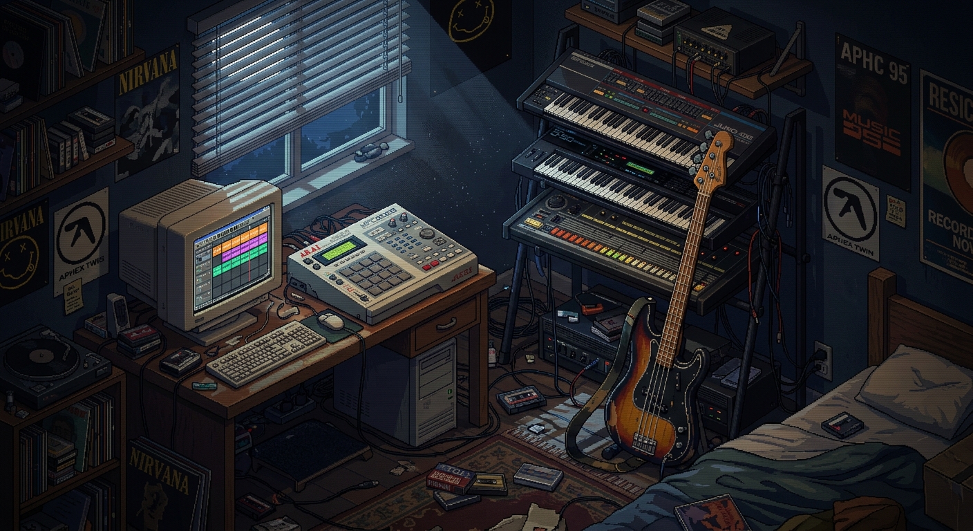 A retro bedroom studio setup in the mid-1990s. An old beige desktop computer displaying an early DAW audio timeline grid, an Akai drum machine on the desk, a vintage Fender bass guitar leaning against a stack of Roland synths. Moonlight streams through a window blinds, casting a stark slatted light pattern across the messy room. 64-bit arcade style, high contrast, muted nostalgic color palette, cinematic mood.