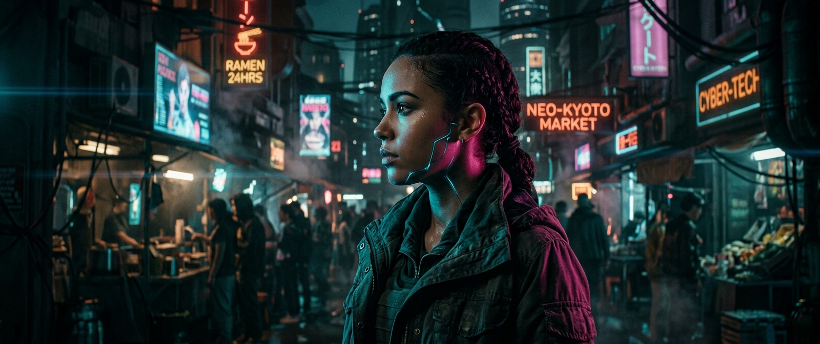 A side-profile cinematic portrait of a person with subtle glowing cybernetic lines on their jawline, standing in a dark futuristic marketplace. Intense cyan and magenta rim light, dark atmospheric interior, anamorphic depth, Blade Runner 2049 color grade, 50mm lens, contemplative expression, sharp focus on the eyes, 2.39:1 aspect ratio.