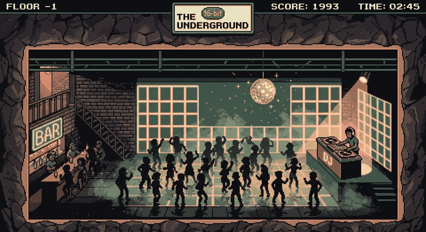 A cross-section of a subterranean indie dance club. A small DJ booth with analog vinyl turntables under a single, spinning mirror disco ball. The crowd is silhouetted against a backdrop of glowing neon grid panels that flash in a limited dual-tone color palette of faded peach and deep sage green. 16-bit SNES style, dithered shading for shadows, slow-motion dance floor haze aesthetic.