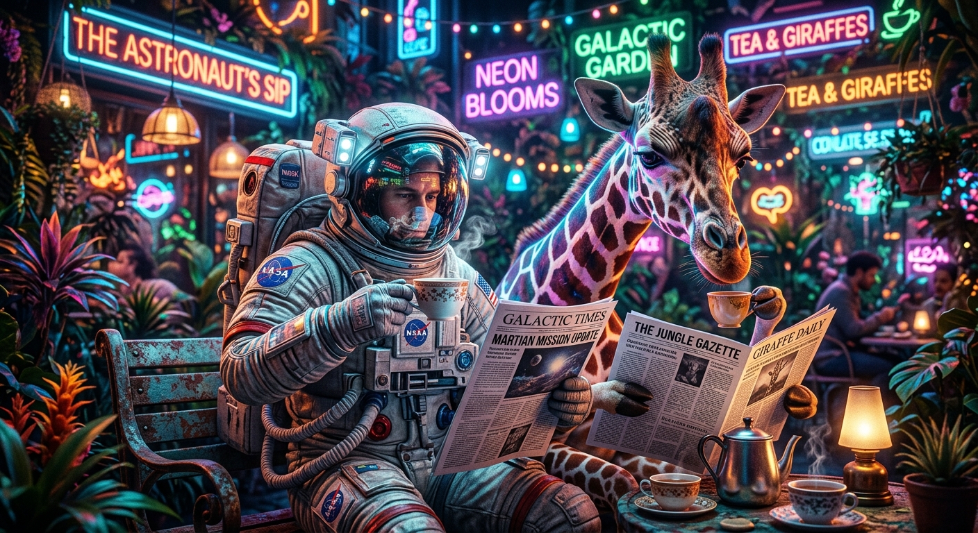 A neon lit, hyperdetailed macro of an astronaut sat drinking a cup of tea with a giraffe in a street garden, reading newspapers.