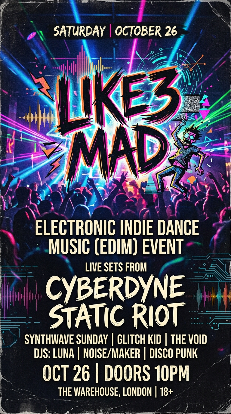 'Like3 Mad' Electronic Indie Dance Music (EDIM) poster