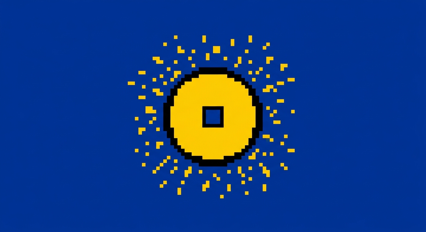 A minimalist 8-bit retro video game icon of a sharp, circular arcade coin. The coin is solid bright yellow with a bold black outline and a small square cutout in the center. Tiny square yellow pixel shards and geometric sparkle fragments explode outward from its curved edges. Flat solid deep royal blue background, clean color blocking, high contrast.