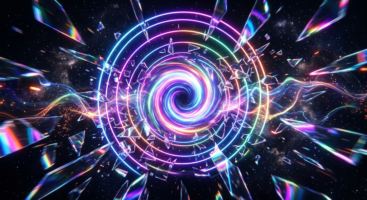 A central neon vortex surrounded by concentric lines that smash open like a shattered glass mirror. Sharp, angular reflective shards burst toward the viewer, catching the glowing rainbow light. Ethereal fluid energy waves wrap around the fragments, dark cosmic backdrop, high contrast, cinematic motion blur on the flying shards.