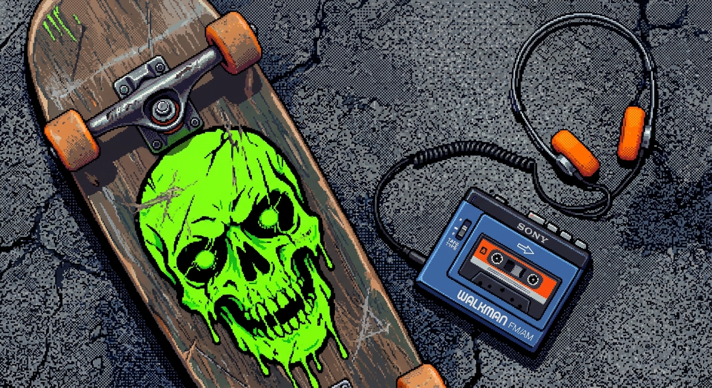A close-up top-down shot of a scuffed skateboard deck lying on the asphalt next to an old-school Walkman cassette player with neon foam headphones. The skateboard graphic features a bold, melting neon green skull design. The asphalt is highly textured with fine gray and black pixel dithering. 16-bit SNES style, high contrast, raw urban texture, minimalist streetwear layout.