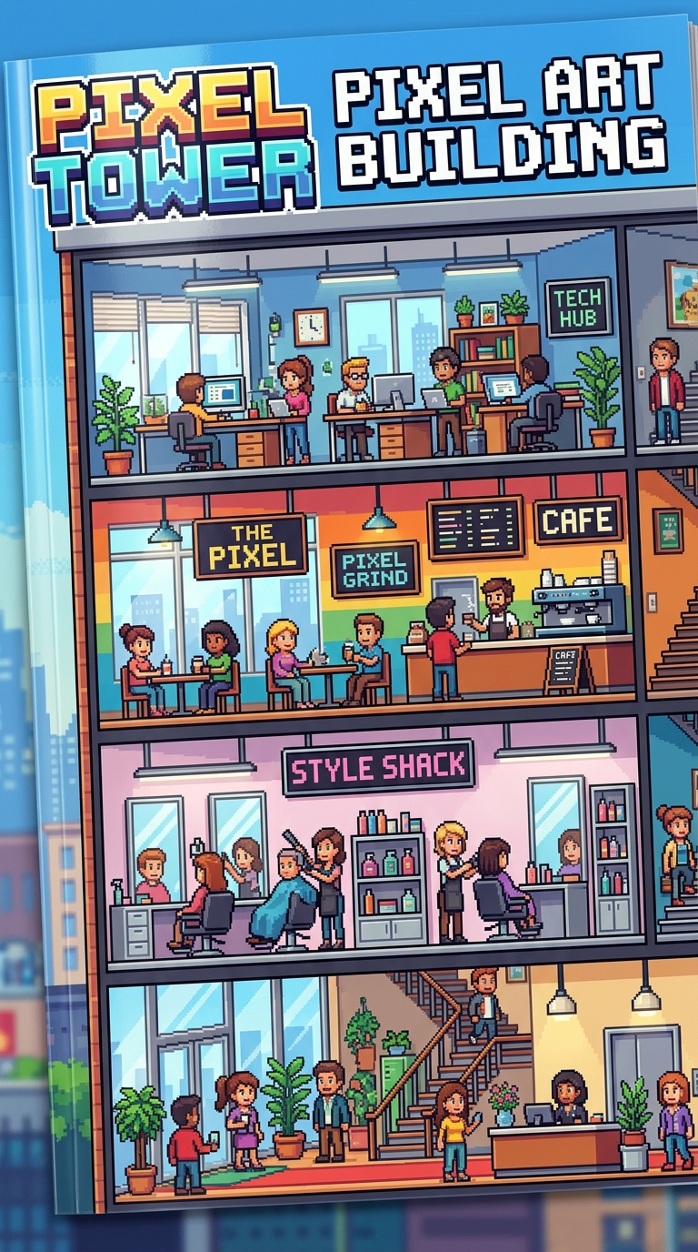 Fabulous large print like pixel art building interior seen through cut through shot of offices and cafe, hairdressers. Print art like glossy magazine cover style shot.