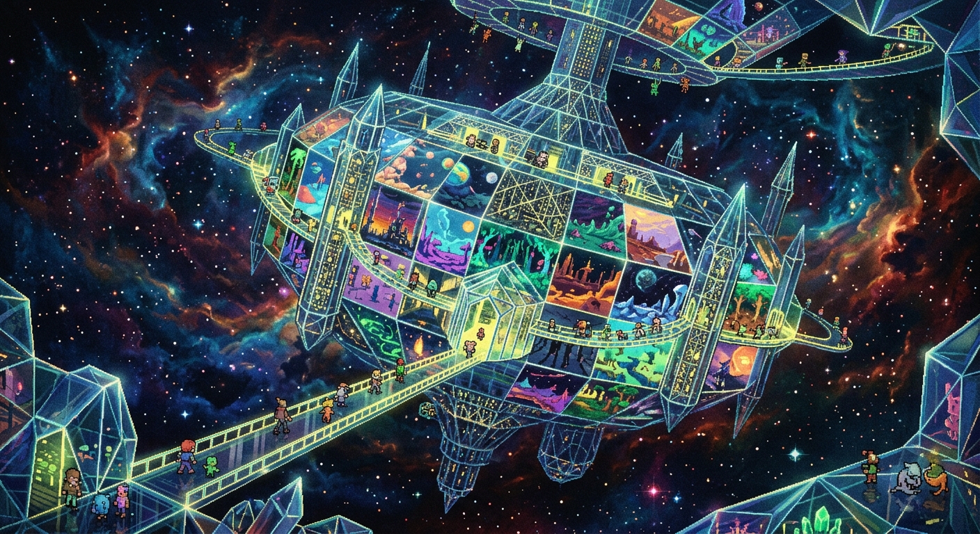 A massive, rotating crystal palace floating in a cosmic void. Its multi-dimensional glass walls reflect different surreal worlds simultaneously, with tiny pixelated figures walking along the walls and ceilings. 64-bit cinematic style, vibrant limited color palette, deep parallax layers.