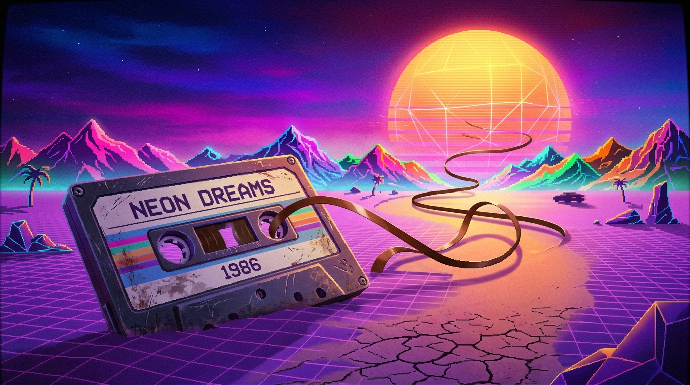 A massive, vintage cassette tape half-buried in a desert landscape made of purple sand grids under a giant glowing synthwave sun. The brown magnetic tape unspools from the cassette, floating into the sky like a twisting road toward distant pixelated neon mountains. 64-bit arcade style, cinematic wide view, vibrant vaporwave color palette, dreamlike atmosphere.