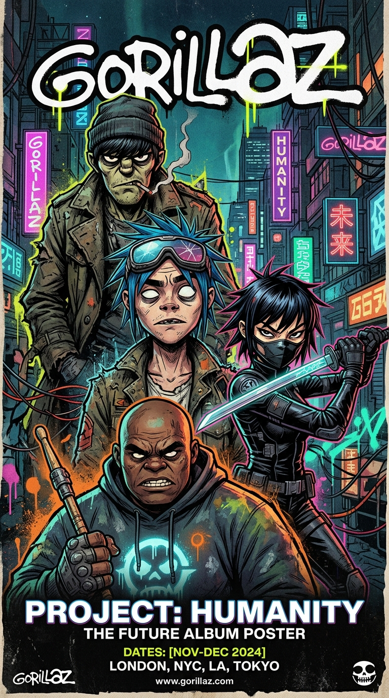 The Gorrillaz future Album Poster. Strong character Images. Photos. Drawings.