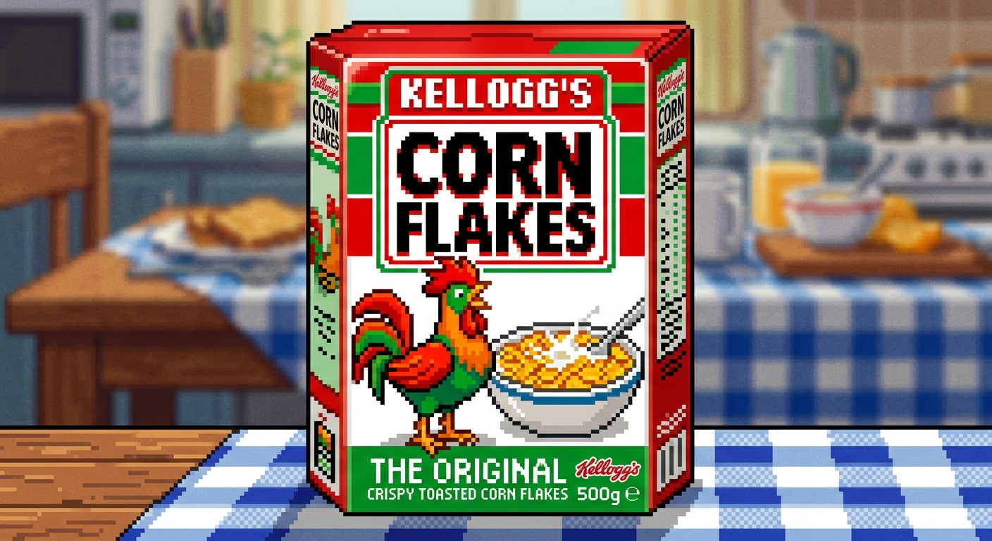 A box of Kellogg's Cornflakes pixel art