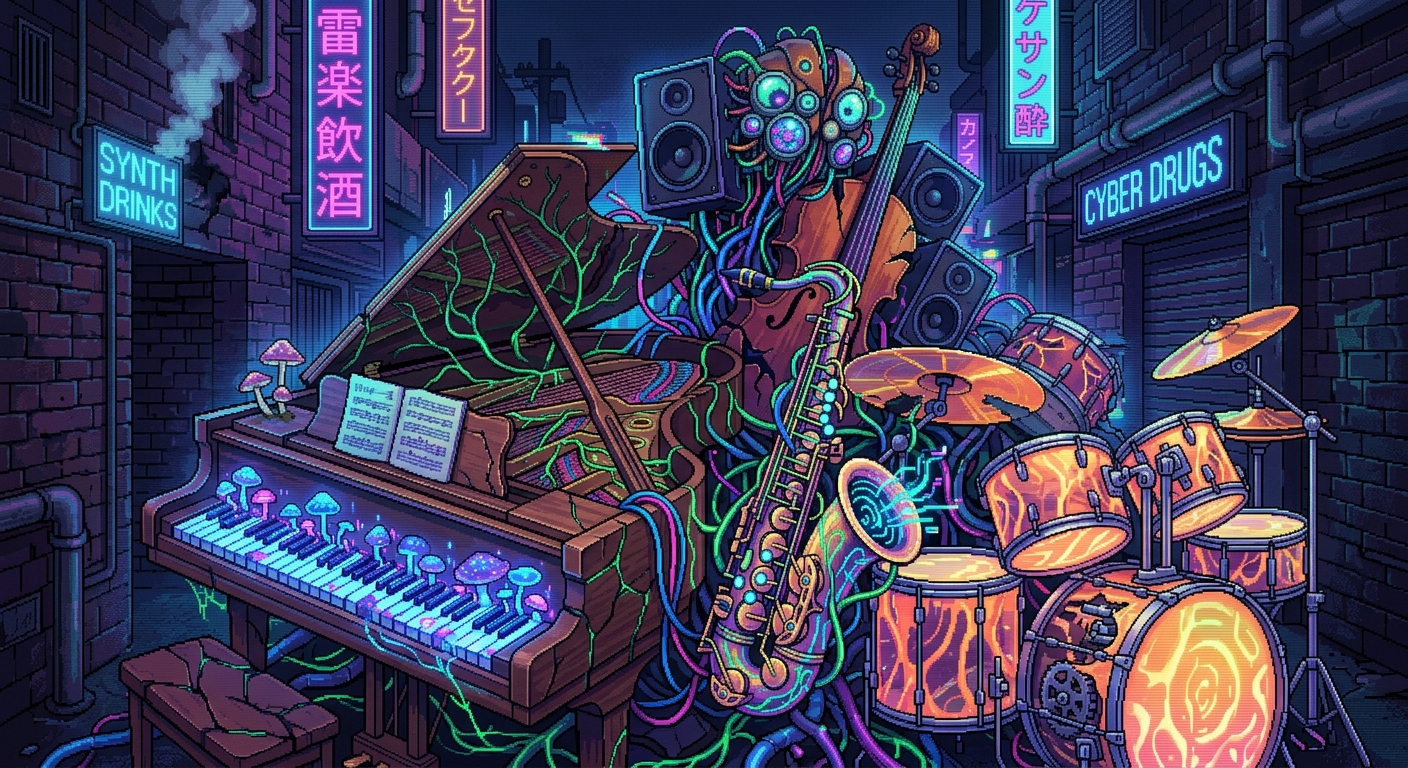 16-bit pixel art of a massive pile of musical instruments that are transforming into a bio-mechanical entity. A grand piano with keys made of glowing digital fungi, a saxophone woven from cybernetic neon vines, and a drum kit with pulsing, organic synth-skin membranes. The instruments are intertwined with glowing root systems and exposed neon fiber-optic cables. Vibrant cyber-punk colors, dark alleyway background, pixel noise texture, heavy neon glow, glitch art anomalies, 4k retro-gaming resolution.