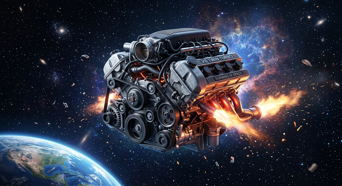 a car engine running and floating in space