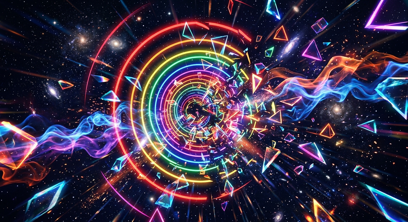 A hypnotic tunnel of concentric neon rainbow circles violently fracturing into floating geometric shards. Sharp crystalline fragments and broken neon triangles drift outward into a starry deep space background. Wispy fluid smoke trails and cosmic dust particles weave through the debris, high-energy explosion aesthetic, dramatic depth perspective.