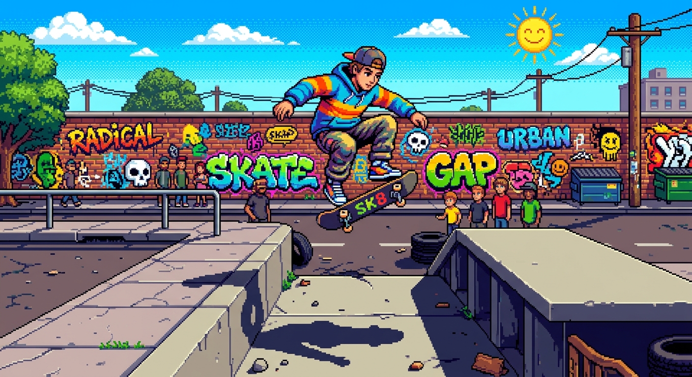 A 16-bit pixel art illustration of a skateboarder jumping over a street gap. Bright sunny day, retro 90s aesthetic, sharp contrast shadows, colorful graffiti wall in the distant background.
