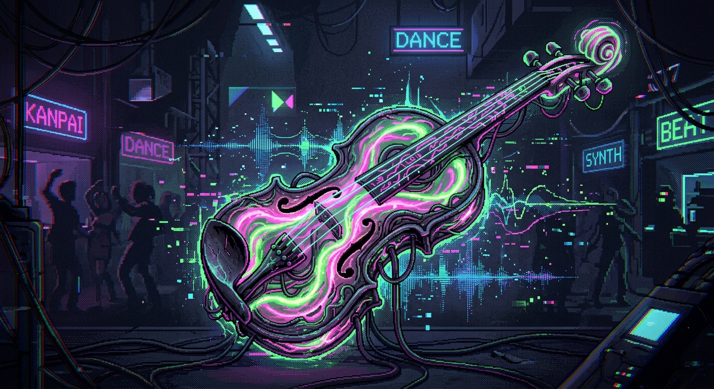 A cyber-organic techno violin, surreal 16-bit dithered pixel art. The classic silhouette of a violin is formed by swirling streams of neon pink and acid green bioluminescent liquid plasma. The fingerboard is etched with glowing cybernetic root systems that pulse in time with an unseen electronic beat. Ghostly pixelated waveforms ripple out from the body like soundwaves. Set against a dark, minimalist techno club background, heavy chromatic aberration, glitch art artifacts, ethereal and clean.