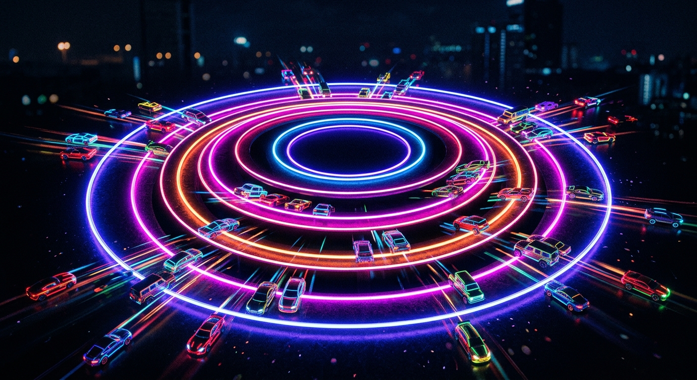 Concentric circles with cars popping out of the gaps between. Neon glow with high contrast dark background.