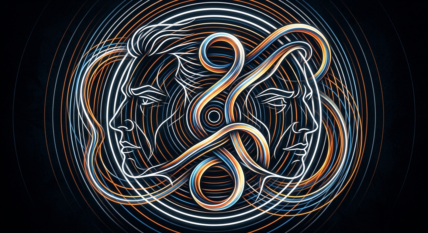 High contrast dark background with concentric circles and outlines of a mans face interlaced between. Continuous ribbon bending tightly.