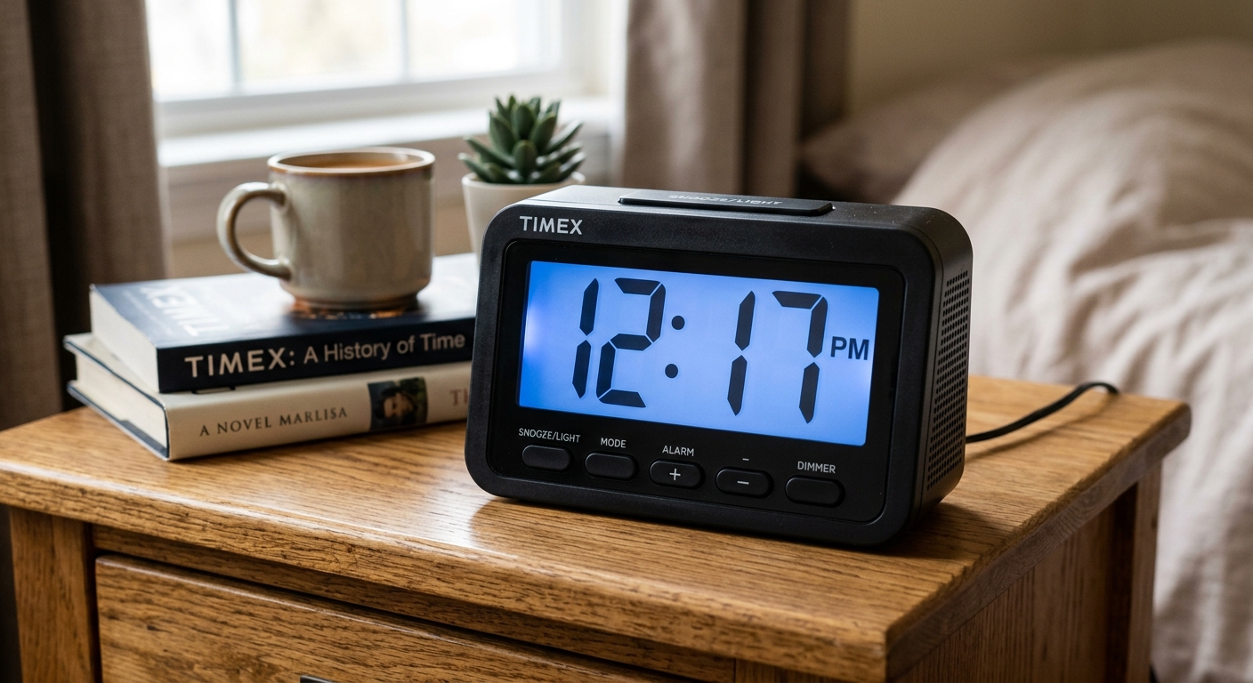 LCD digital clock with blue tinted screen and black plastic casing showing 12.17pm in 12hr format. new product made by Timex.