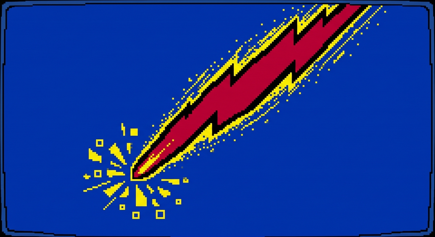 A minimalist 8-bit retro video game graphic of a jagged, diagonal meteor crashing down from the upper corner. The meteor is solid crimson red with a bold black outline, leaving a trail of yellow sparks behind it. Small yellow geometric pixel shards explode outward from the tip where it impacts the air. Flat solid royal blue background, high contrast, clean shapes.