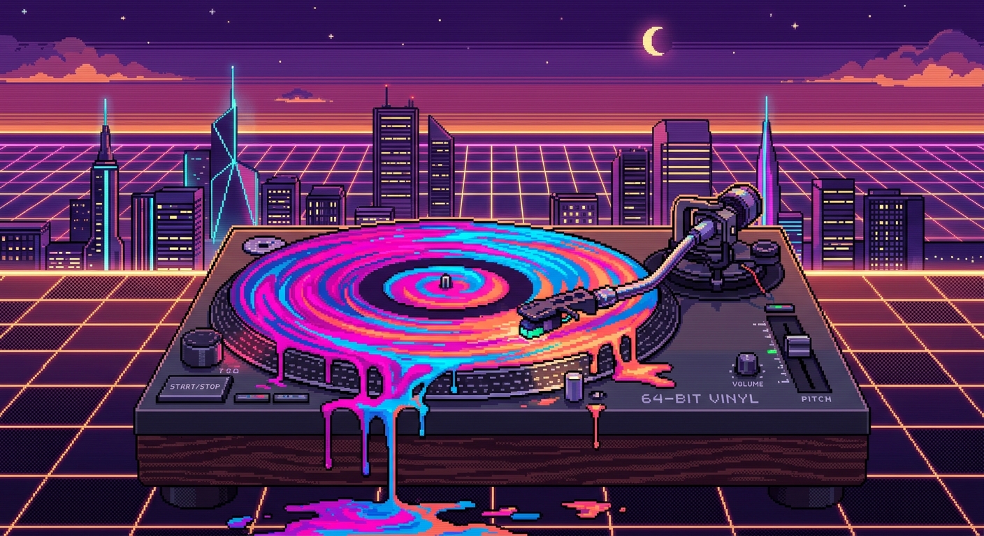 Pixel art turntable and vinyl record, 64-bit cinematic style. Record surface made of melting liquid paint in hot magenta, cyan, and sunset orange, dripping off the edges. Synthwave city skyline silhouette behind, grid lines, neon grid, checkerboard dithering, dreamy ambient vibe