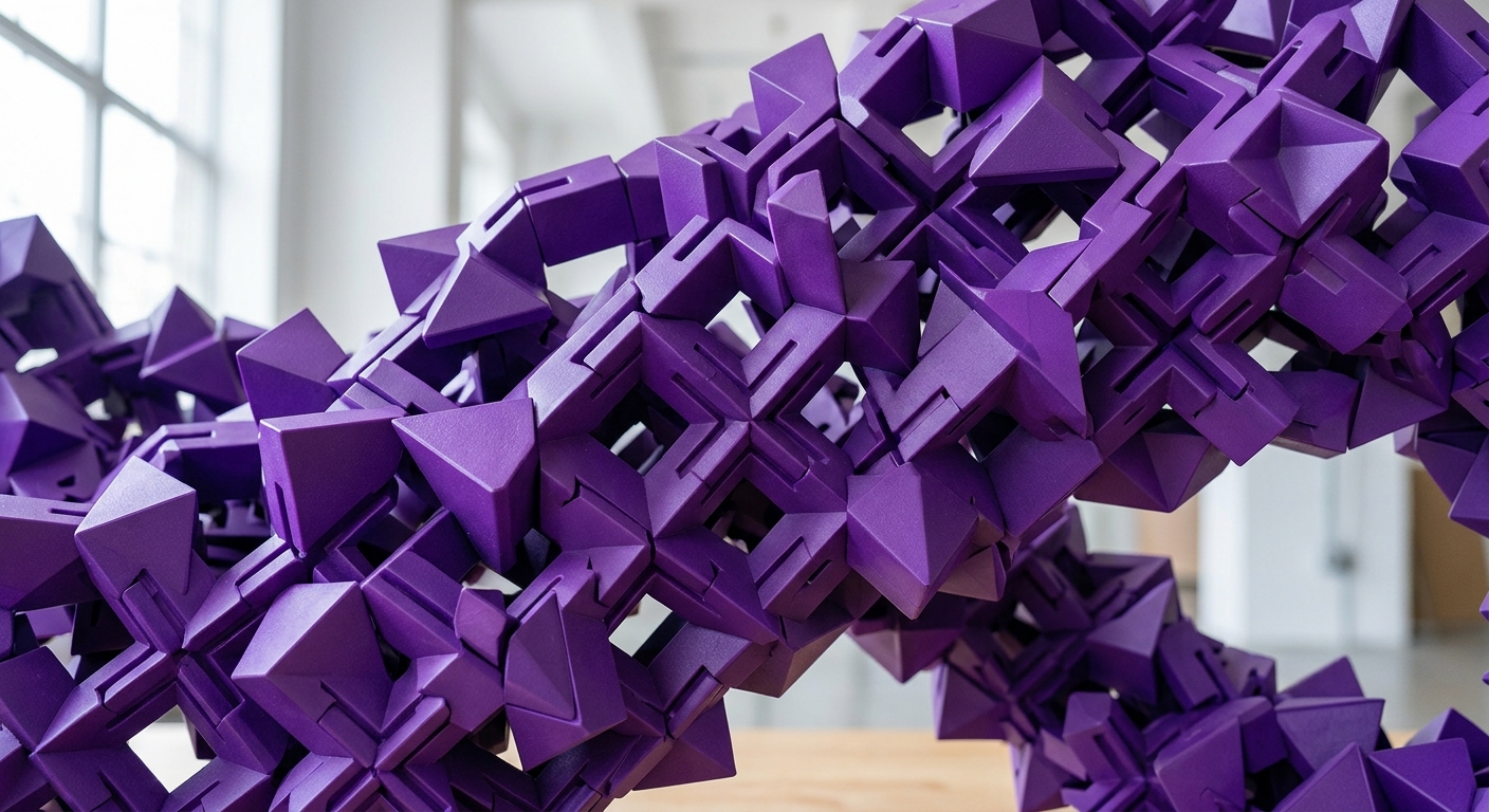Interlocking geometric blocks, purple 3D connecting in unison.