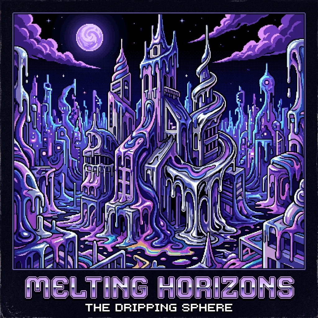 16-bit pixel art of strange buildings made of melting colored paint. Indigo, lavender, and chrome liquid dripping from towers. Non-Euclidean geometry, surreal city, high contrast, metallic sheen, album cover layout