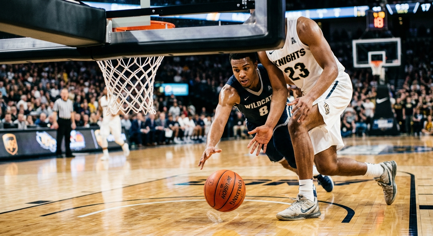Macro image of a basketball game from the hoop with blurry background and some players in sharp focus and bouncing basketball