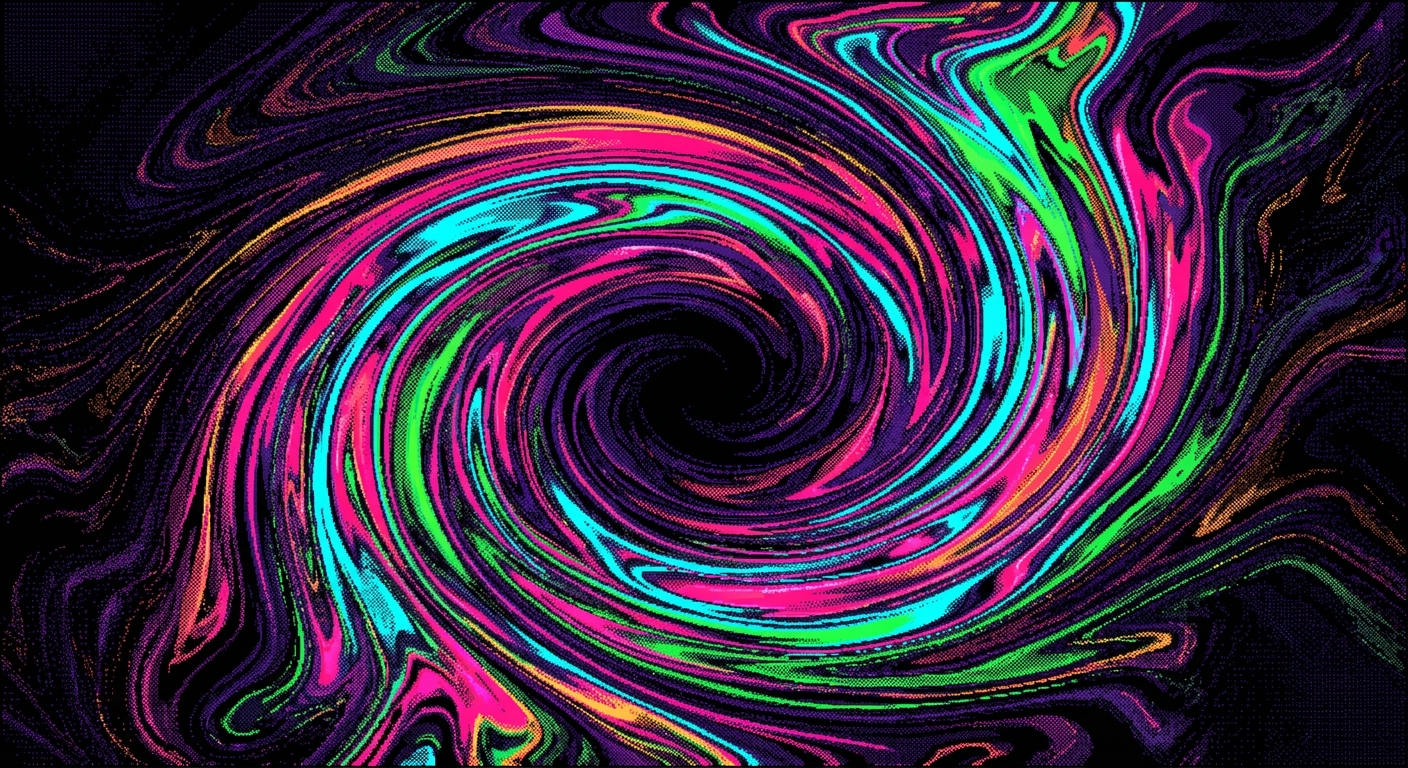 A hypnotic, swirling vortex of liquid neon colors blending together in a fluid whirlpool. Smoldering hot pink, electric cyan, and toxic green liquid marble textures twist around a pitch-black center point. 32-bit pixel art, heavy dithered gradient shading, smooth color transitions, high contrast, surreal abstract expressionism style.